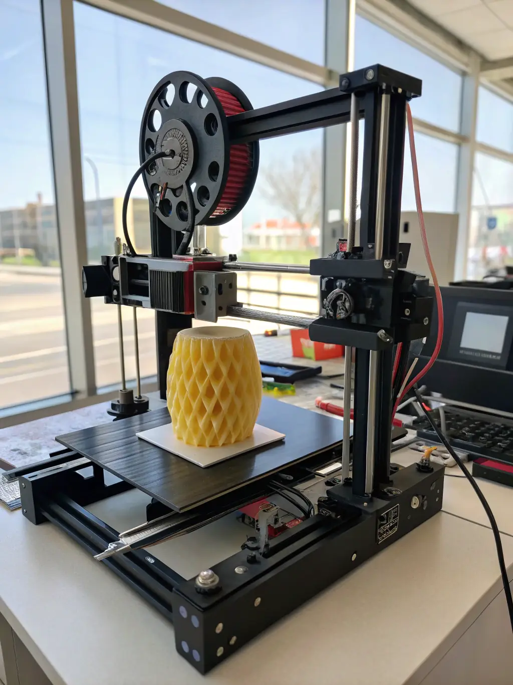 A close-up of a 3D printer in action at Xtrude 3D, printing a detailed part with precision.